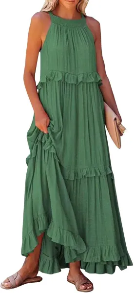Summer Sleeveless Dress for Women Crew Halter Neck Tiered Pleated Loose Flowy Ruffle Maxi Sundress for Beach Vacation
