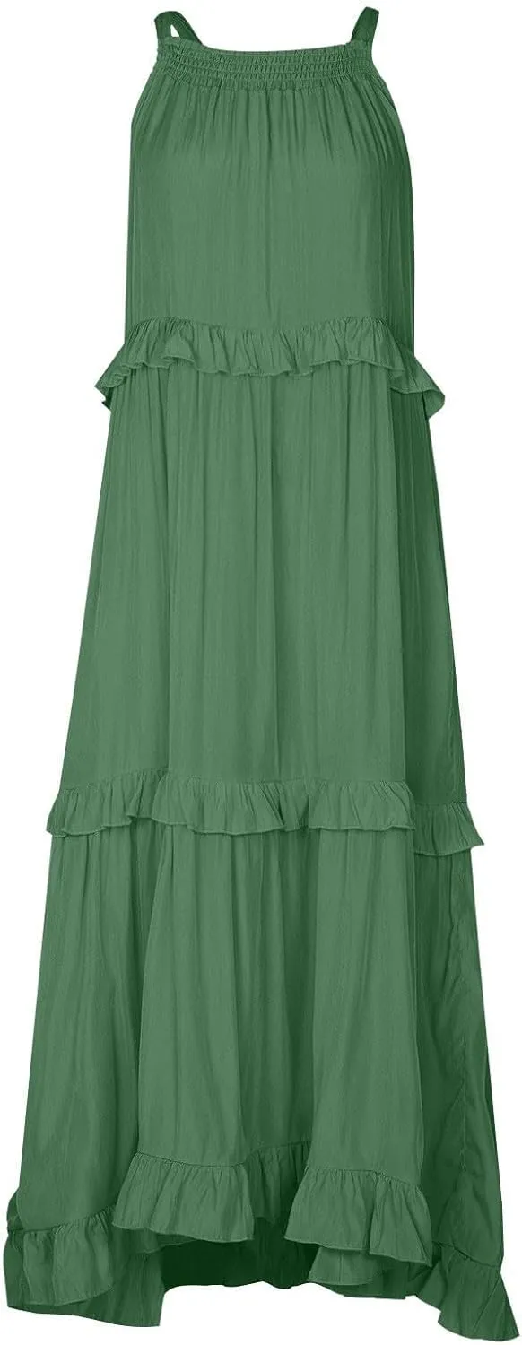 Summer Sleeveless Dress for Women Crew Halter Neck Tiered Pleated Loose Flowy Ruffle Maxi Sundress for Beach Vacation