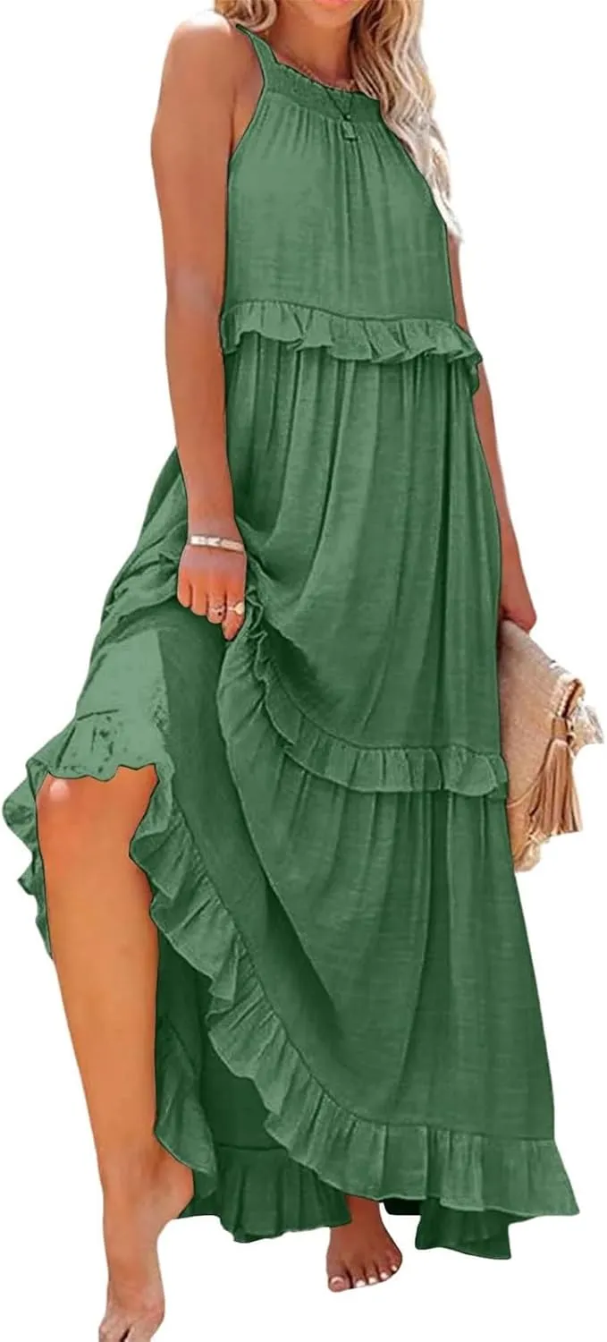 Summer Sleeveless Dress for Women Crew Halter Neck Tiered Pleated Loose Flowy Ruffle Maxi Sundress for Beach Vacation
