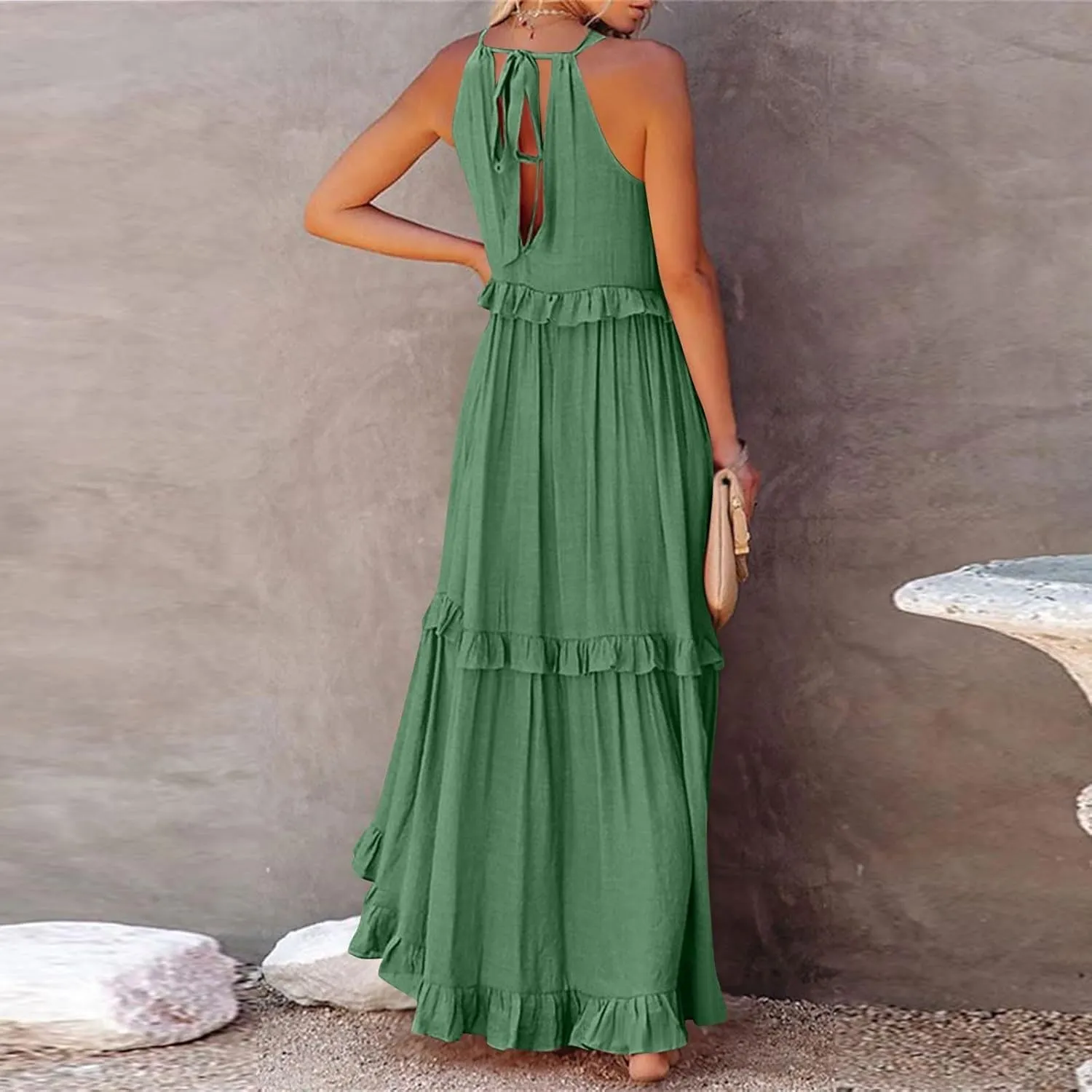 Summer Sleeveless Dress for Women Crew Halter Neck Tiered Pleated Loose Flowy Ruffle Maxi Sundress for Beach Vacation