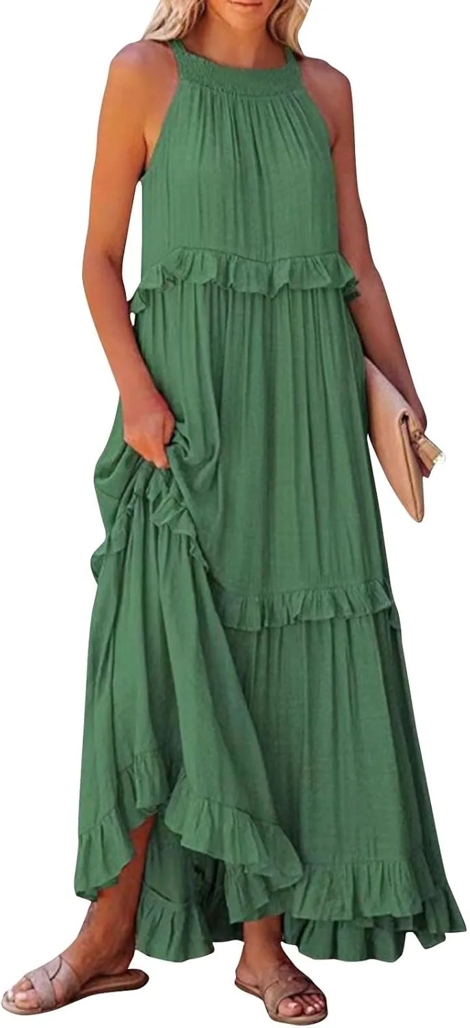 Summer Sleeveless Dress for Women Crew Halter Neck Tiered Pleated Loose Flowy Ruffle Maxi Sundress for Beach Vacation
