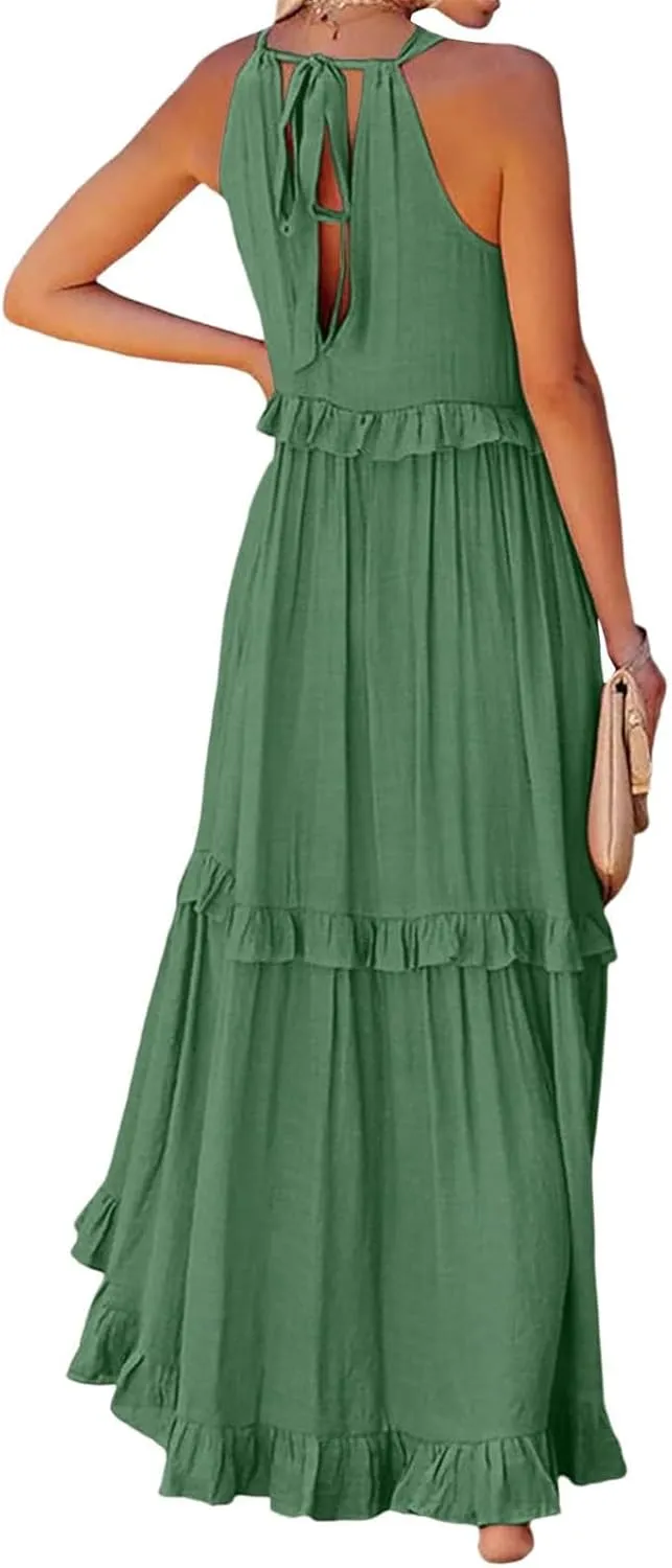 Summer Sleeveless Dress for Women Crew Halter Neck Tiered Pleated Loose Flowy Ruffle Maxi Sundress for Beach Vacation