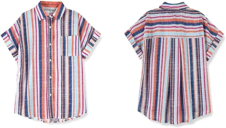 SySea Womens Short Sleeve Striped Shirts Casual Button Down V Neck Work Blouses Tops