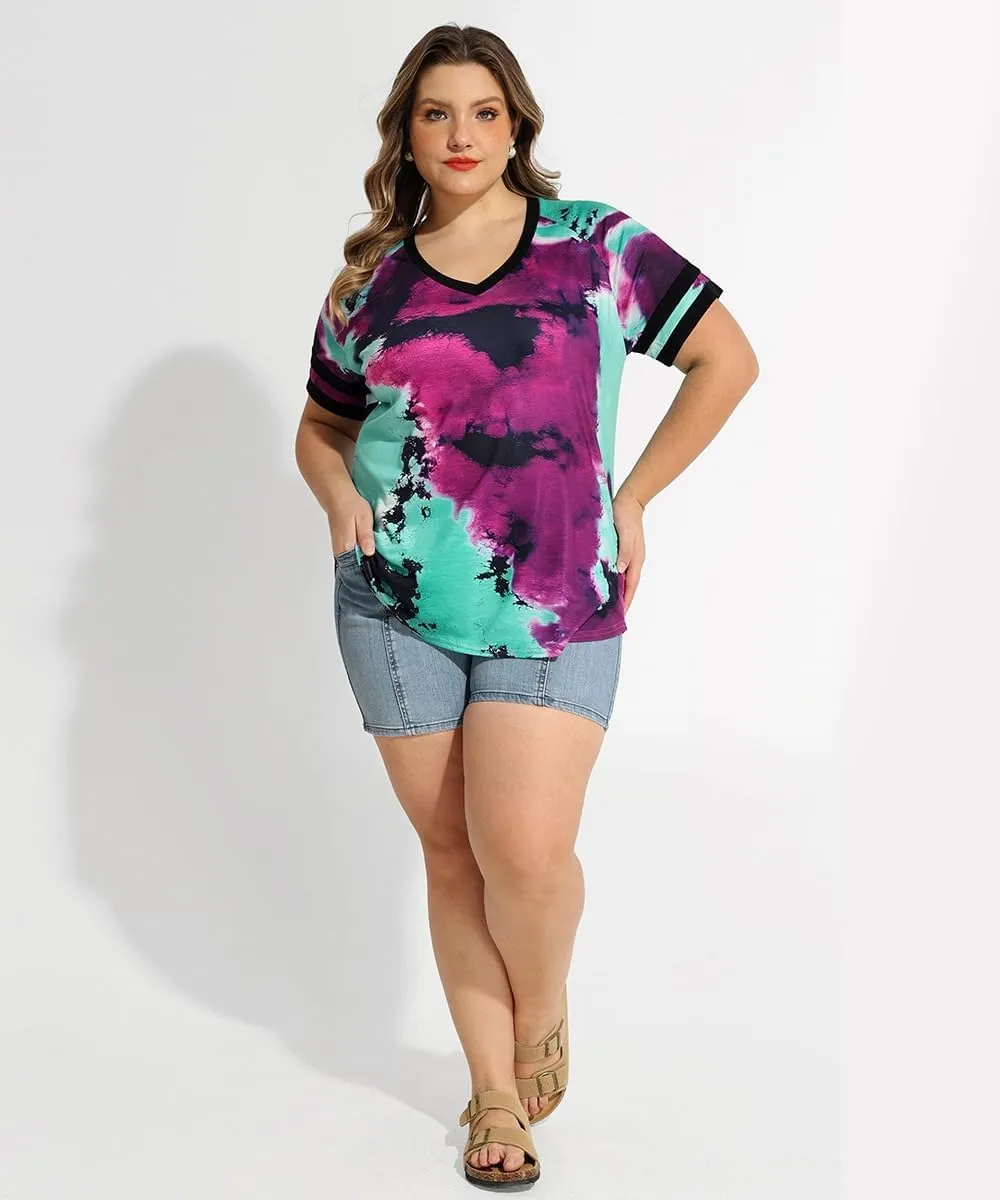 TIYOMI Plus Size Tops for Women V Neck Raglan T-Shirt Short Sleeve Summer Shirts Casual Loose Tunic Blouse