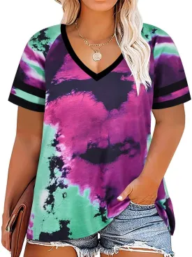 TIYOMI Plus Size Tops for Women V Neck Raglan T-Shirt Short Sleeve Summer Shirts Casual Loose Tunic Blouse