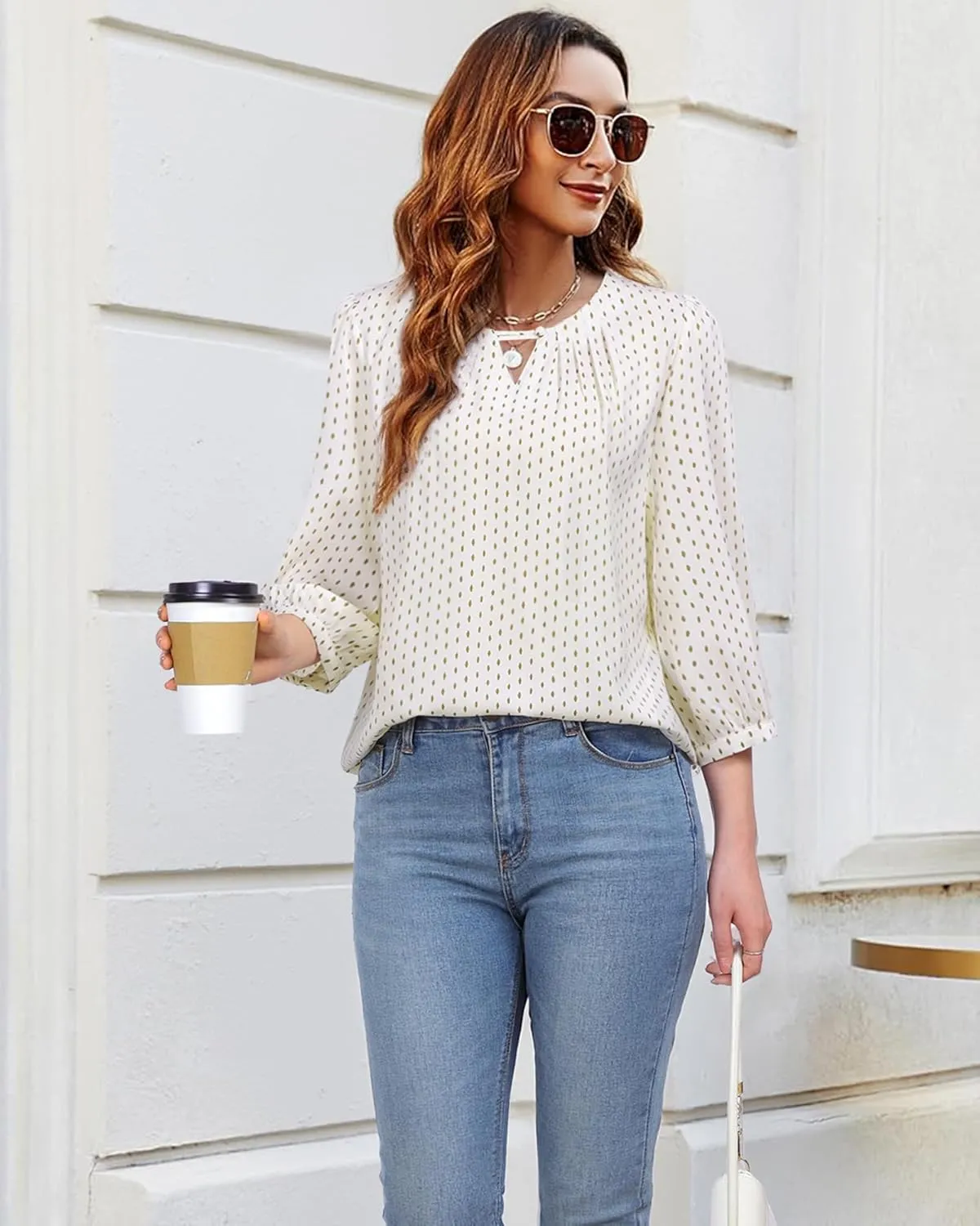 VALOLIA Women's 3/4 Sleeve Dressy Blouses Shirts Business Casual Work Chiffon Tunic Tops