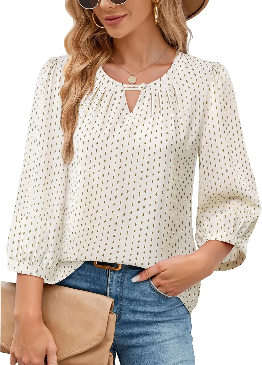 VALOLIA Women's 3/4 Sleeve Dressy Blouses Shirts Business Casual Work Chiffon Tunic Tops