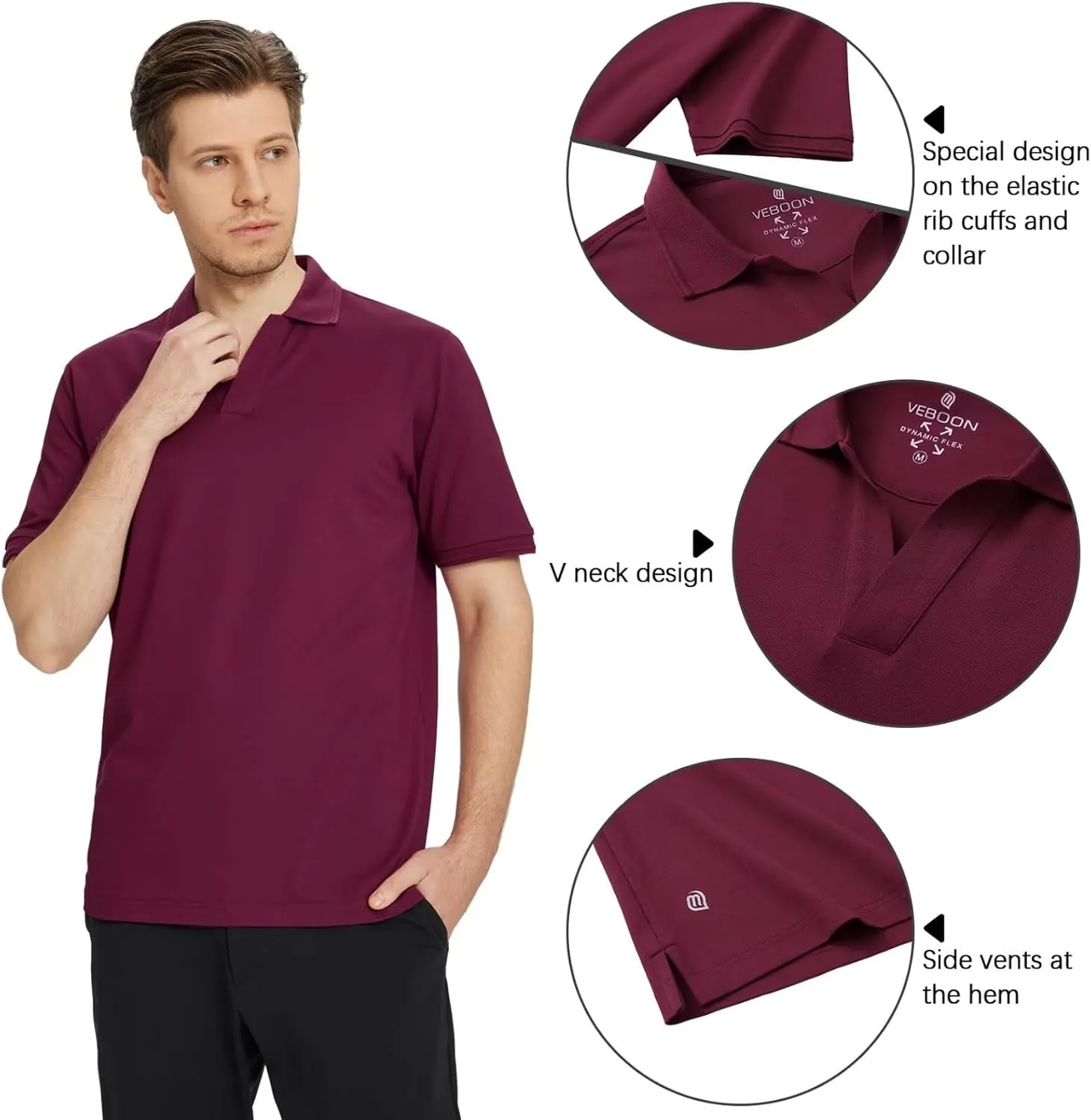 VEBOON Mens V Neck Polo Shirts Short Sleeve Lightweight Business Collared Shirts Performance Golf Polo Shirts for Men