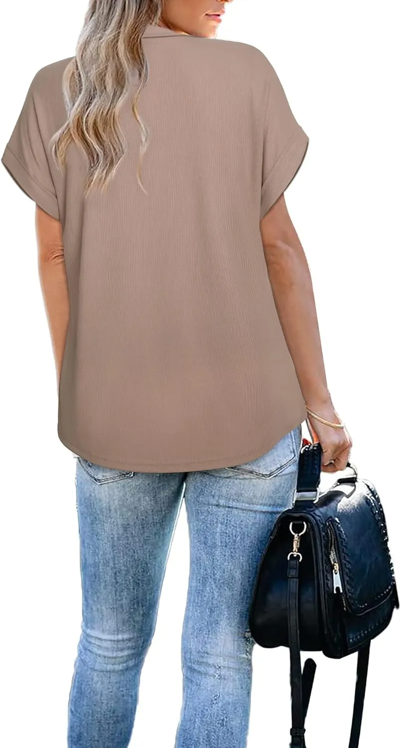 Vivilli Women's Short Sleeve Tops and Blouses Zipper Collar V Neck Business Casual Tops Loose Fit Tunic Shirt Polo Shirts