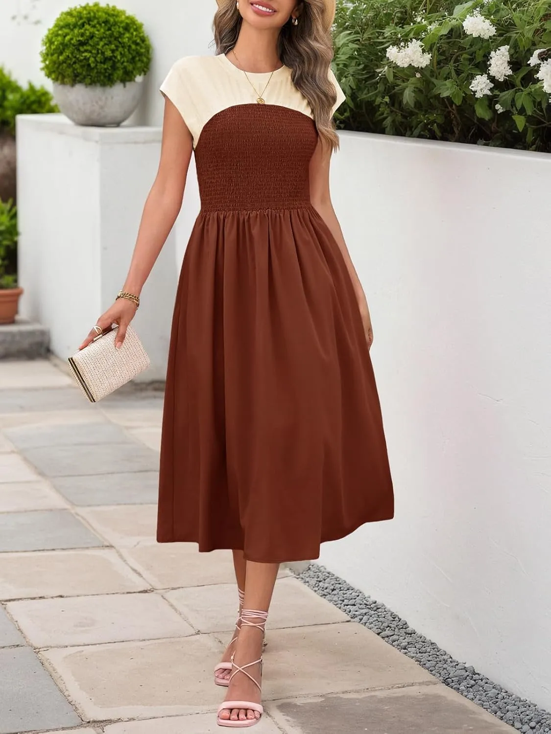 Wenrine Womens Casual Summer Midi Dress Smocked Cap Sleeve Crew Neck Color Block A Line Flowy Beach Dresses