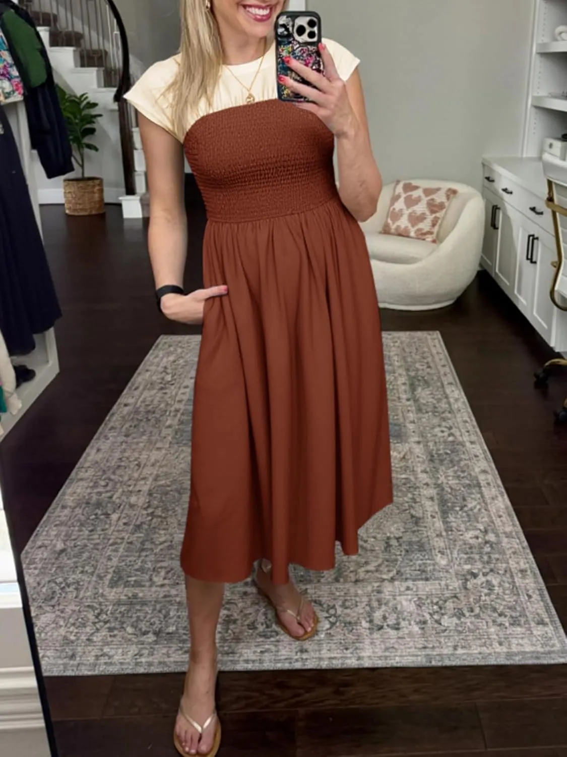 Wenrine Womens Casual Summer Midi Dress Smocked Cap Sleeve Crew Neck Color Block A Line Flowy Beach Dresses