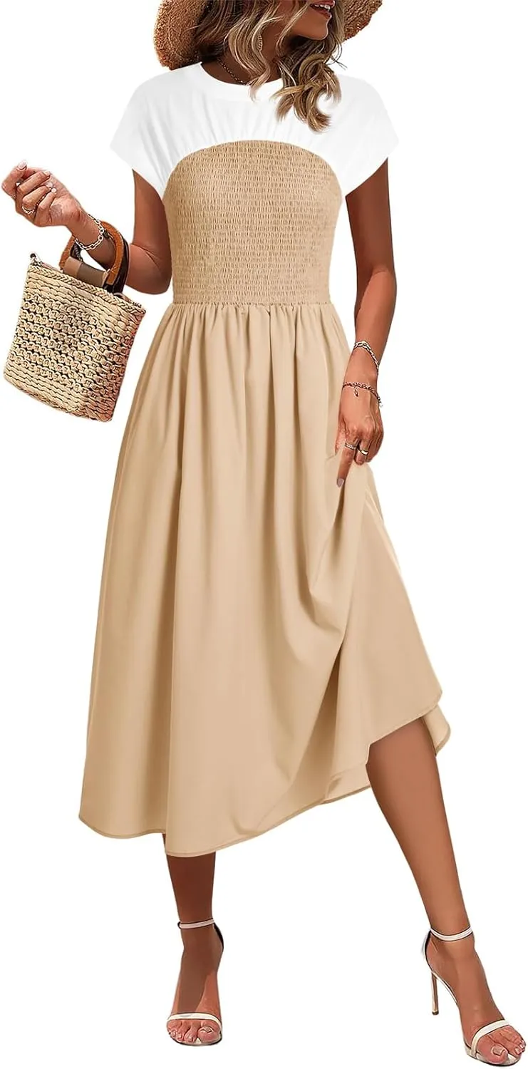 Wenrine Womens Casual Summer Midi Dress Smocked Cap Sleeve Crew Neck Color Block A Line Flowy Beach Dresses