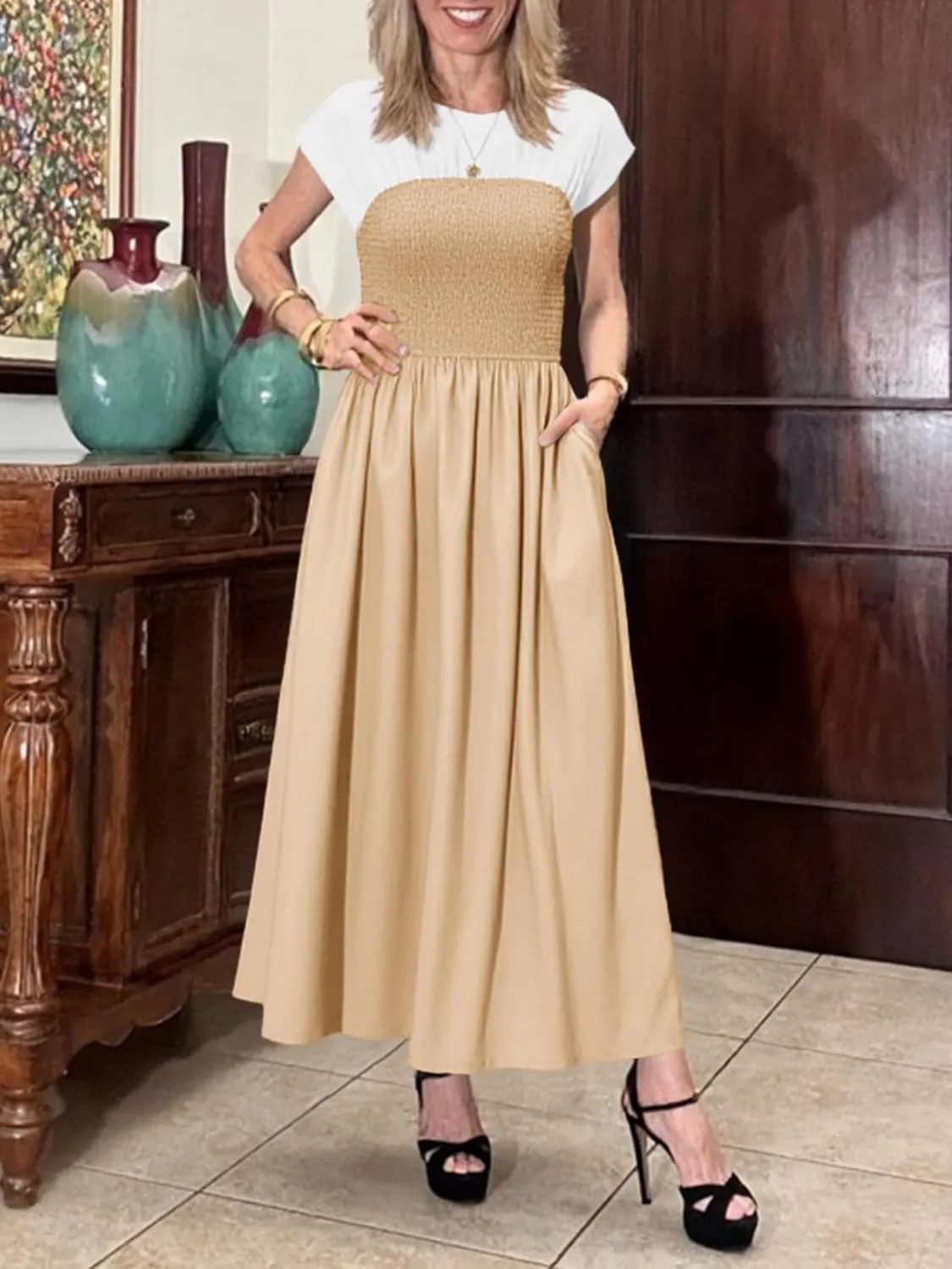 Wenrine Womens Casual Summer Midi Dress Smocked Cap Sleeve Crew Neck Color Block A Line Flowy Beach Dresses