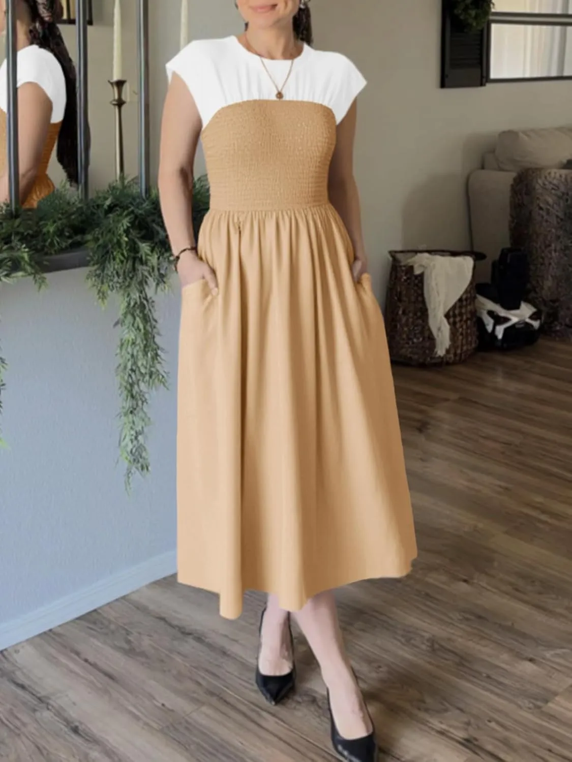 Wenrine Womens Casual Summer Midi Dress Smocked Cap Sleeve Crew Neck Color Block A Line Flowy Beach Dresses