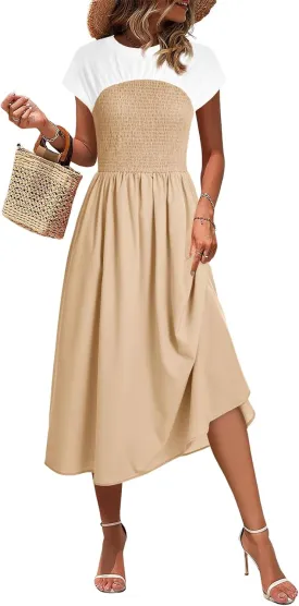 Wenrine Womens Casual Summer Midi Dress Smocked Cap Sleeve Crew Neck Color Block A Line Flowy Beach Dresses