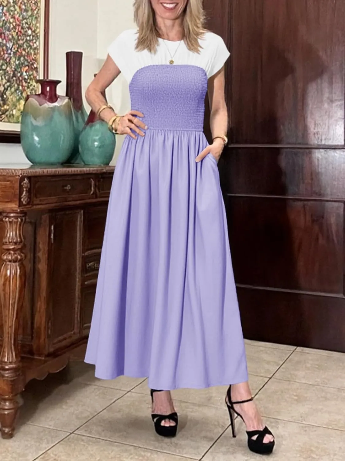 Wenrine Womens Casual Summer Midi Dress Smocked Cap Sleeve Crew Neck Color Block A Line Flowy Beach Dresses