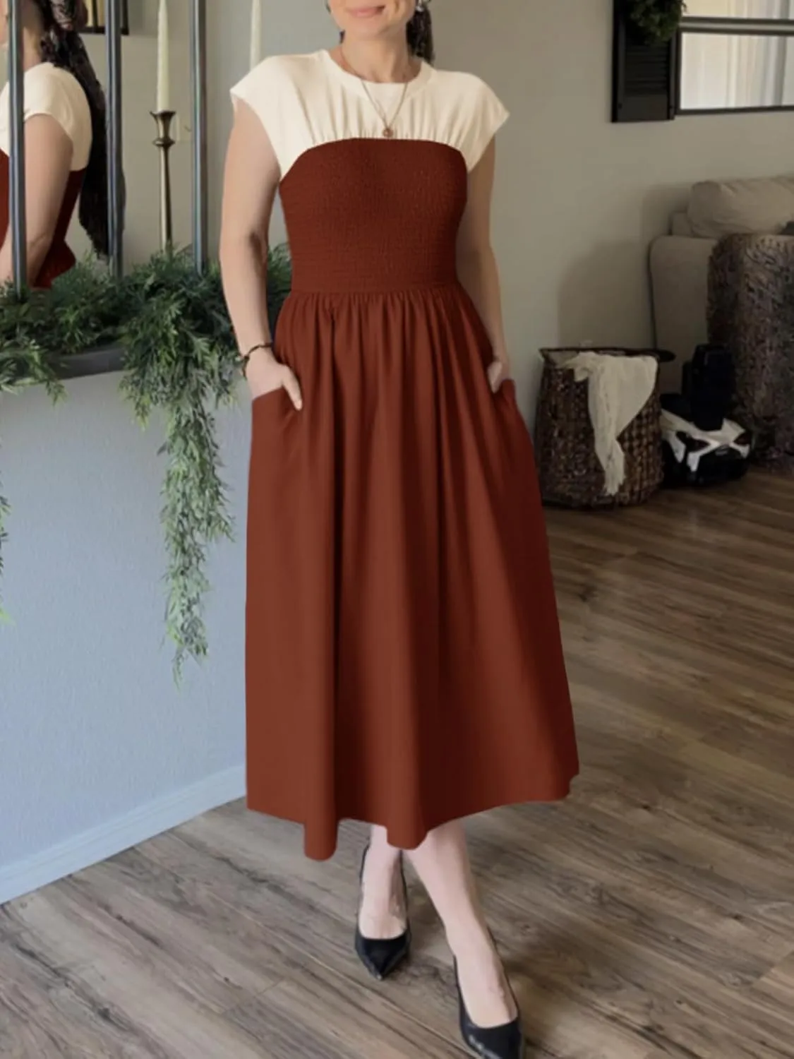 Wenrine Womens Casual Summer Midi Dress Smocked Cap Sleeve Crew Neck Color Block A Line Flowy Beach Dresses