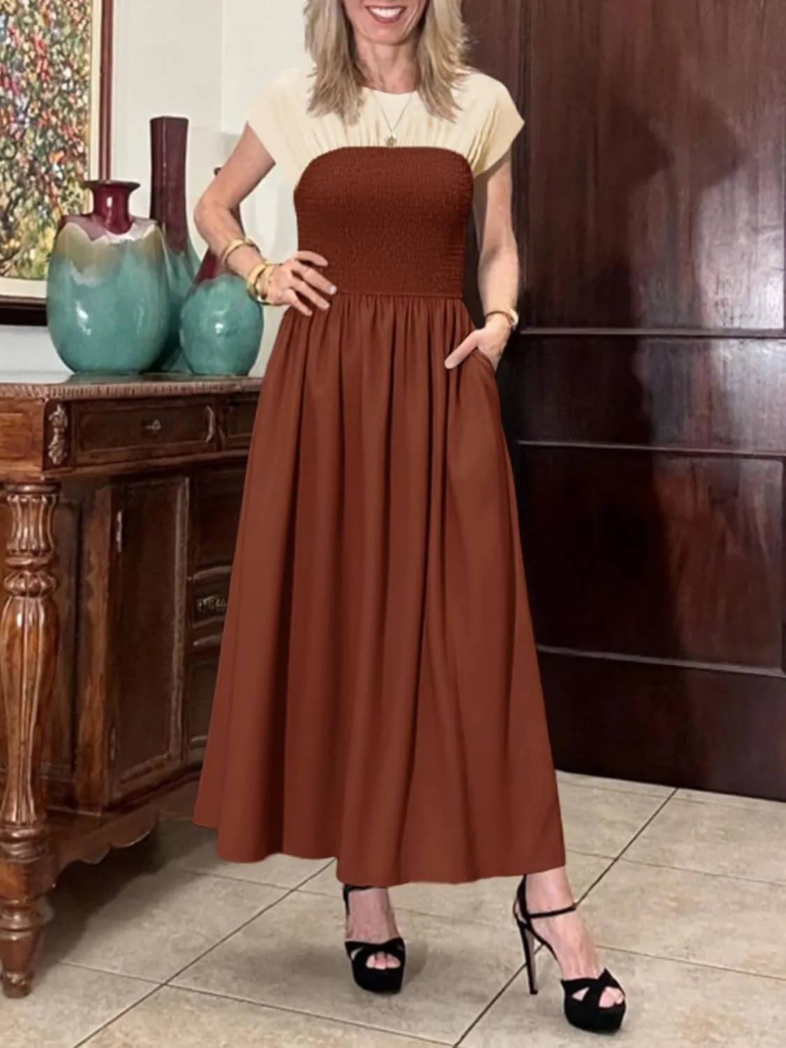 Wenrine Womens Casual Summer Midi Dress Smocked Cap Sleeve Crew Neck Color Block A Line Flowy Beach Dresses