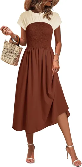 Wenrine Womens Casual Summer Midi Dress Smocked Cap Sleeve Crew Neck Color Block A Line Flowy Beach Dresses