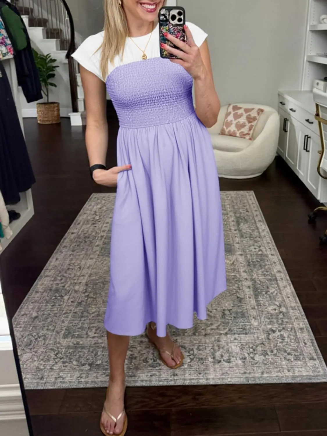 Wenrine Womens Casual Summer Midi Dress Smocked Cap Sleeve Crew Neck Color Block A Line Flowy Beach Dresses