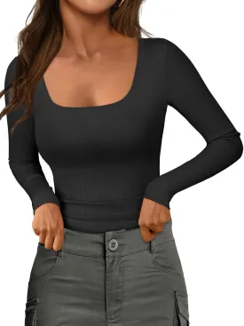 Womens Long Sleeve Scoop Neck Shirts Ribbed Knit Tops Slim Fitted Tees Basic Casual Fall Outfits