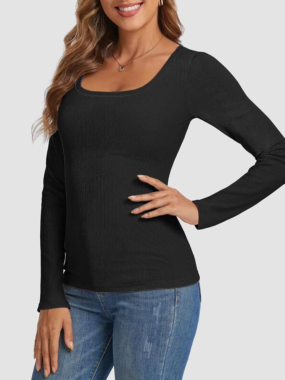 Womens Long Sleeve Scoop Neck Shirts Ribbed Knit Tops Slim Fitted Tees Basic Casual Fall Outfits