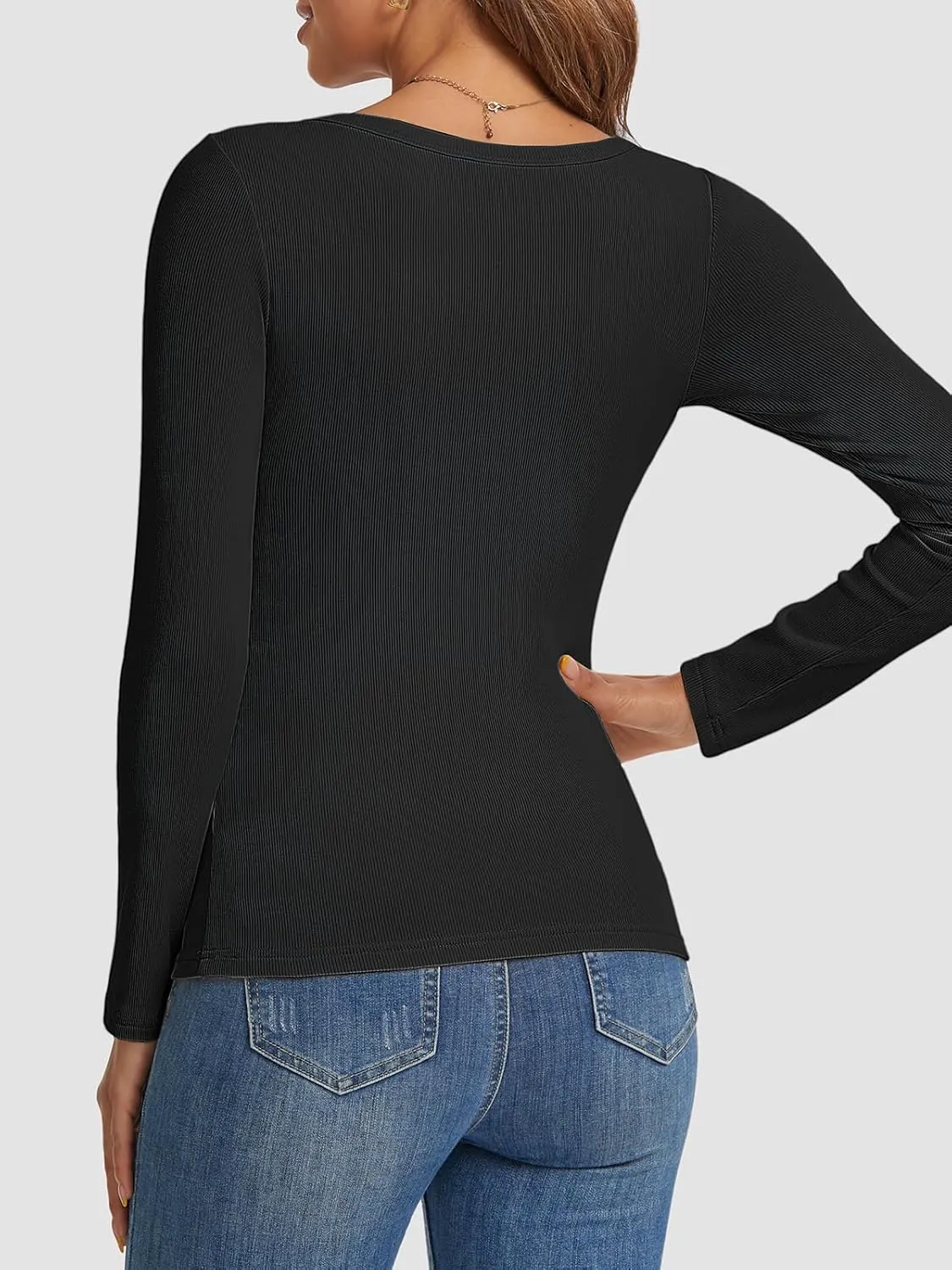 Womens Long Sleeve Scoop Neck Shirts Ribbed Knit Tops Slim Fitted Tees Basic Casual Fall Outfits