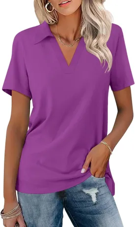 Women's Polo Shirts Short Sleeve V Neck Summer Tops Business Casual Collared Shirts Loose Tees