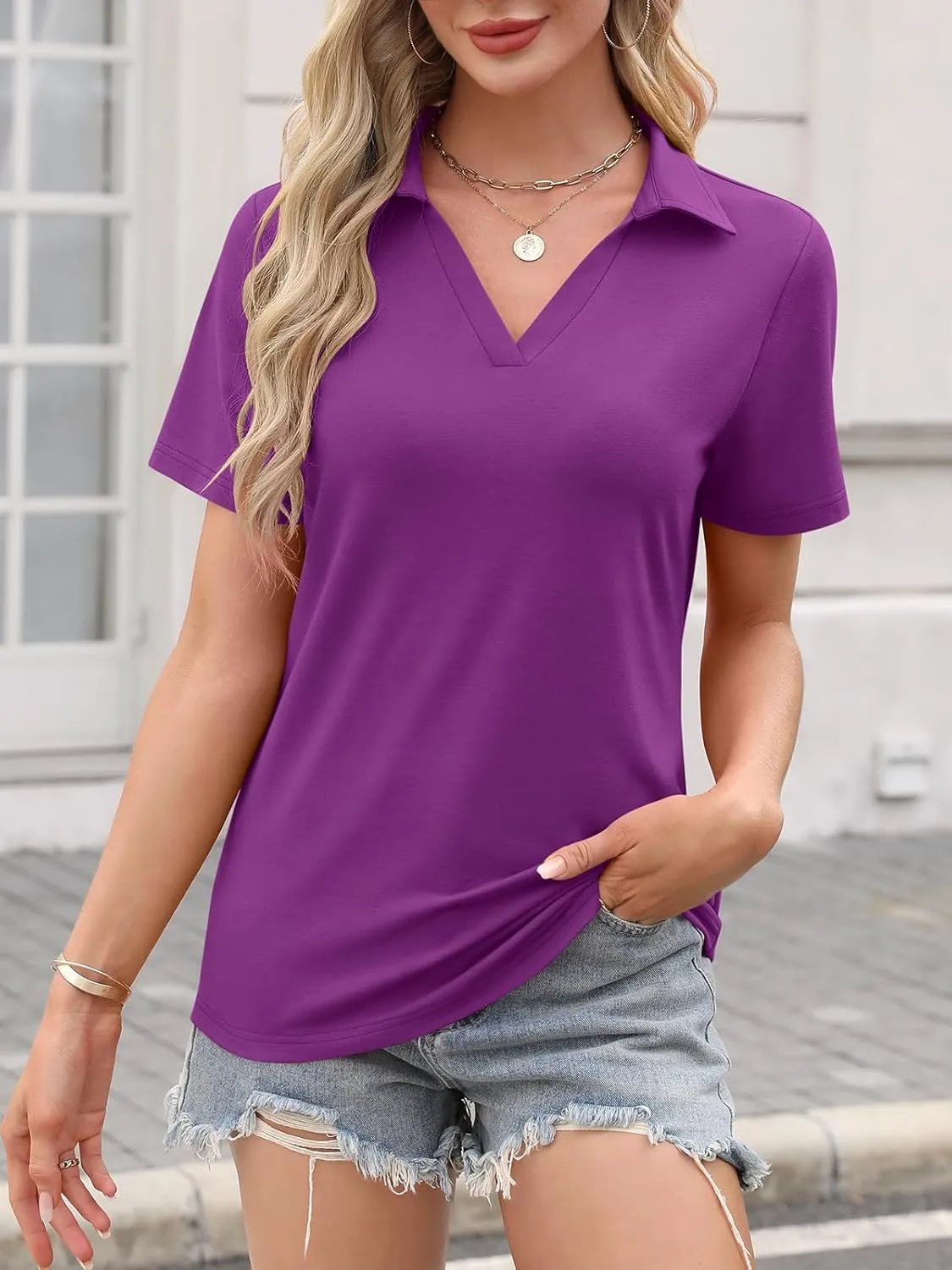 Women's Polo Shirts Short Sleeve V Neck Summer Tops Business Casual Collared Shirts Loose Tees
