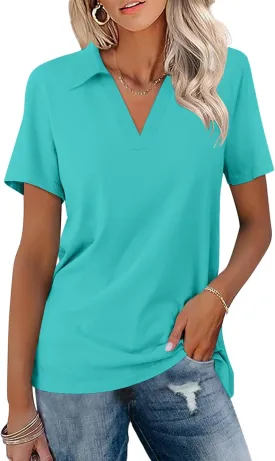 Women's Polo Shirts Short Sleeve V Neck Summer Tops Business Casual Collared Shirts Loose Tees