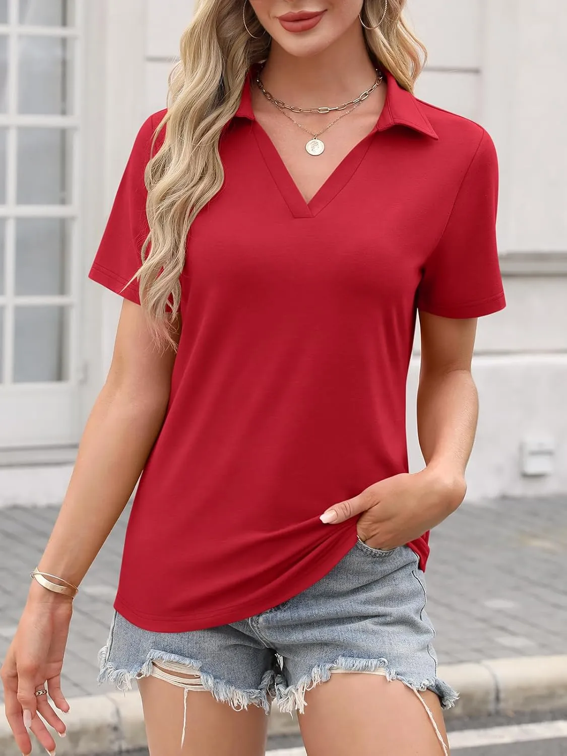 Women's Polo Shirts Short Sleeve V Neck Summer Tops Business Casual Collared Shirts Loose Tees