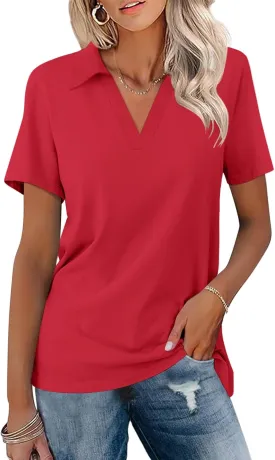 Women's Polo Shirts Short Sleeve V Neck Summer Tops Business Casual Collared Shirts Loose Tees