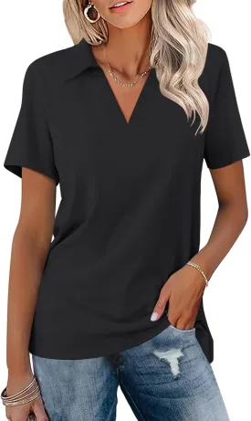 Women's Polo Shirts Short Sleeve V Neck Summer Tops Business Casual Collared Shirts Loose Tees