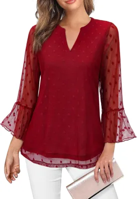 Womens Tops Dressy Casual 3/4 Ruffle Sleeve Blouse Chiffon V Neck Evening Party Night Out Wedding Cocktail Shirt