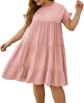 YOXUA Womens Plus Size Dress - Ruffle Short Sleeve Crewneck Color Block Loose Summer Beach Swing Dresses XL-4XL