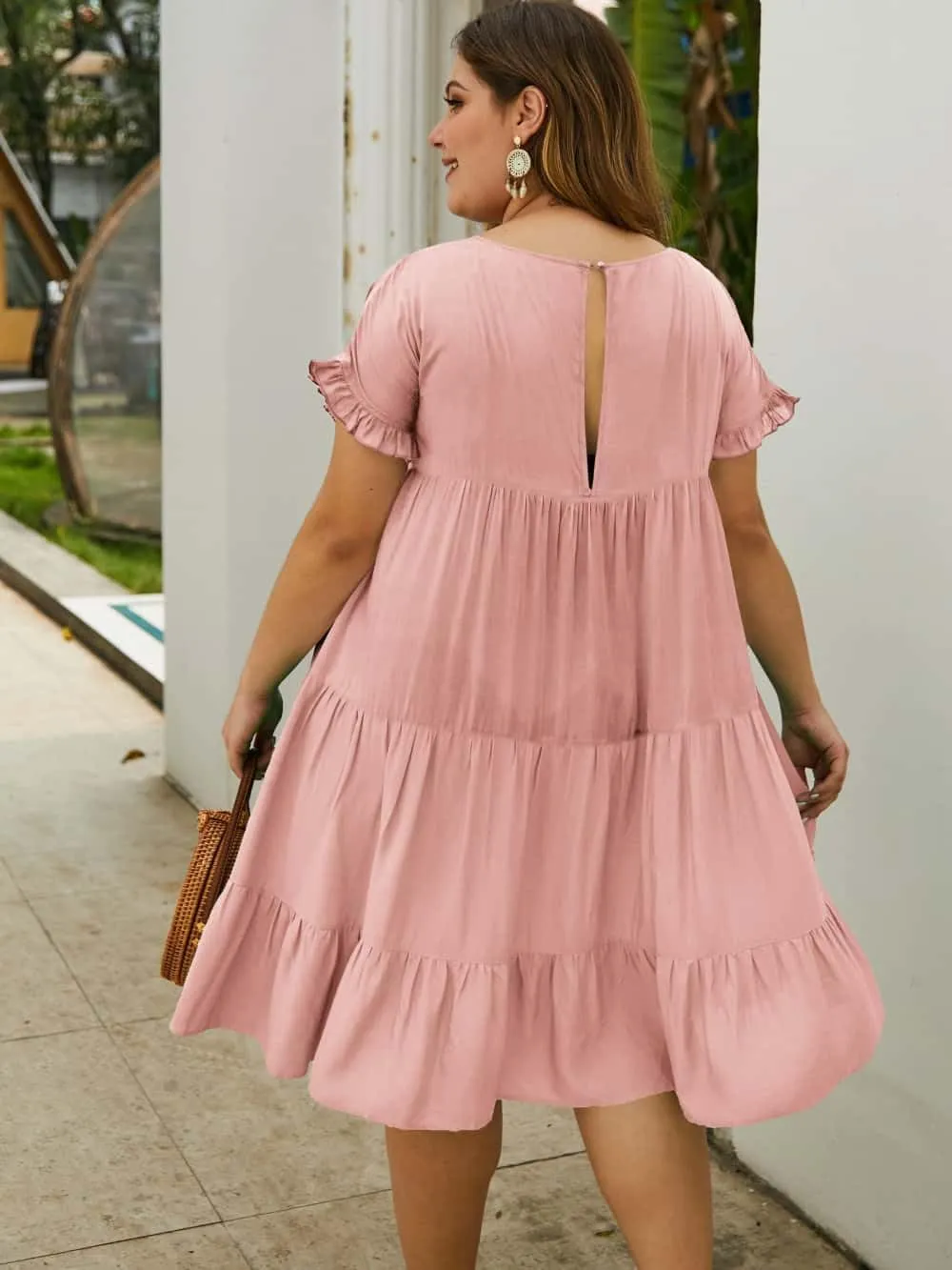 YOXUA Womens Plus Size Dress - Ruffle Short Sleeve Crewneck Color Block Loose Summer Beach Swing Dresses XL-4XL