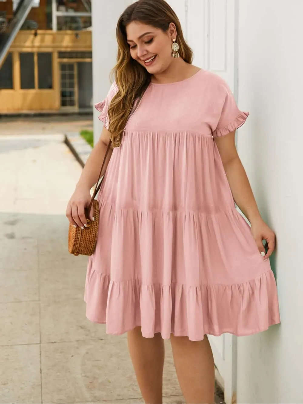 YOXUA Womens Plus Size Dress - Ruffle Short Sleeve Crewneck Color Block Loose Summer Beach Swing Dresses XL-4XL