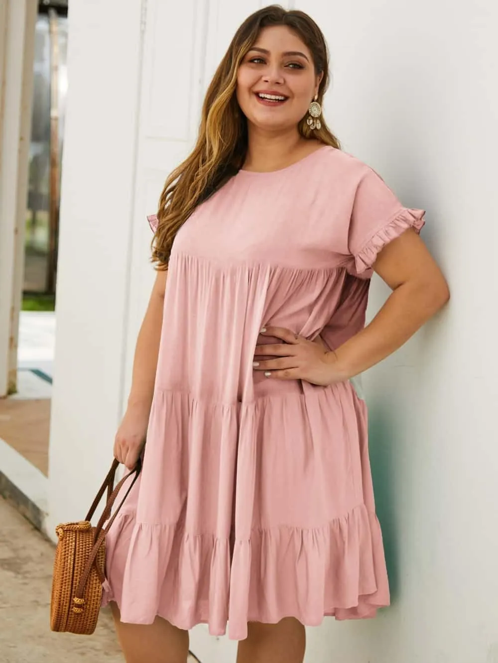 YOXUA Womens Plus Size Dress - Ruffle Short Sleeve Crewneck Color Block Loose Summer Beach Swing Dresses XL-4XL