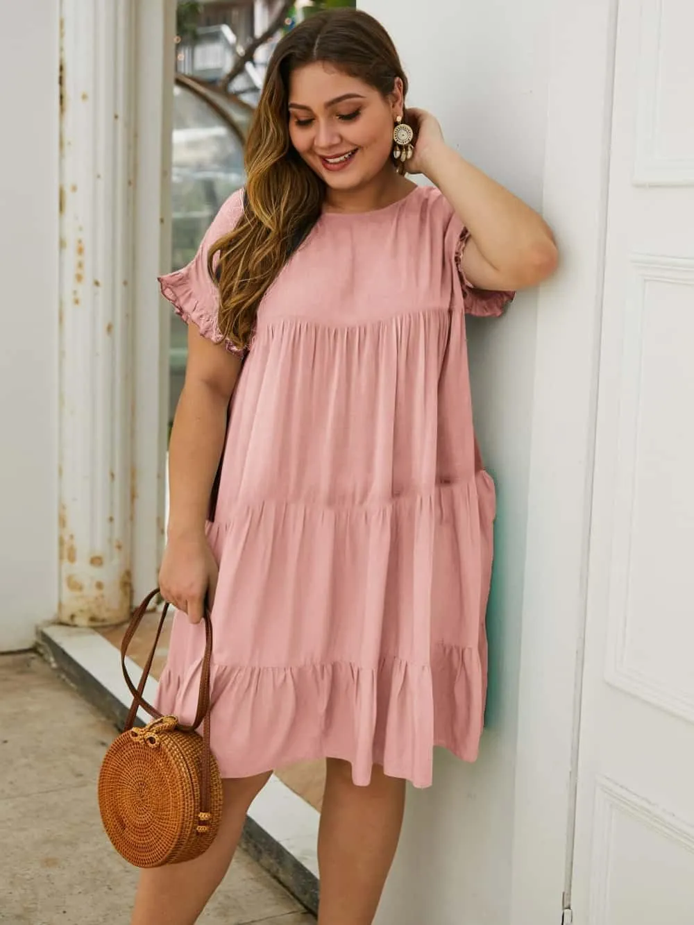 YOXUA Womens Plus Size Dress - Ruffle Short Sleeve Crewneck Color Block Loose Summer Beach Swing Dresses XL-4XL