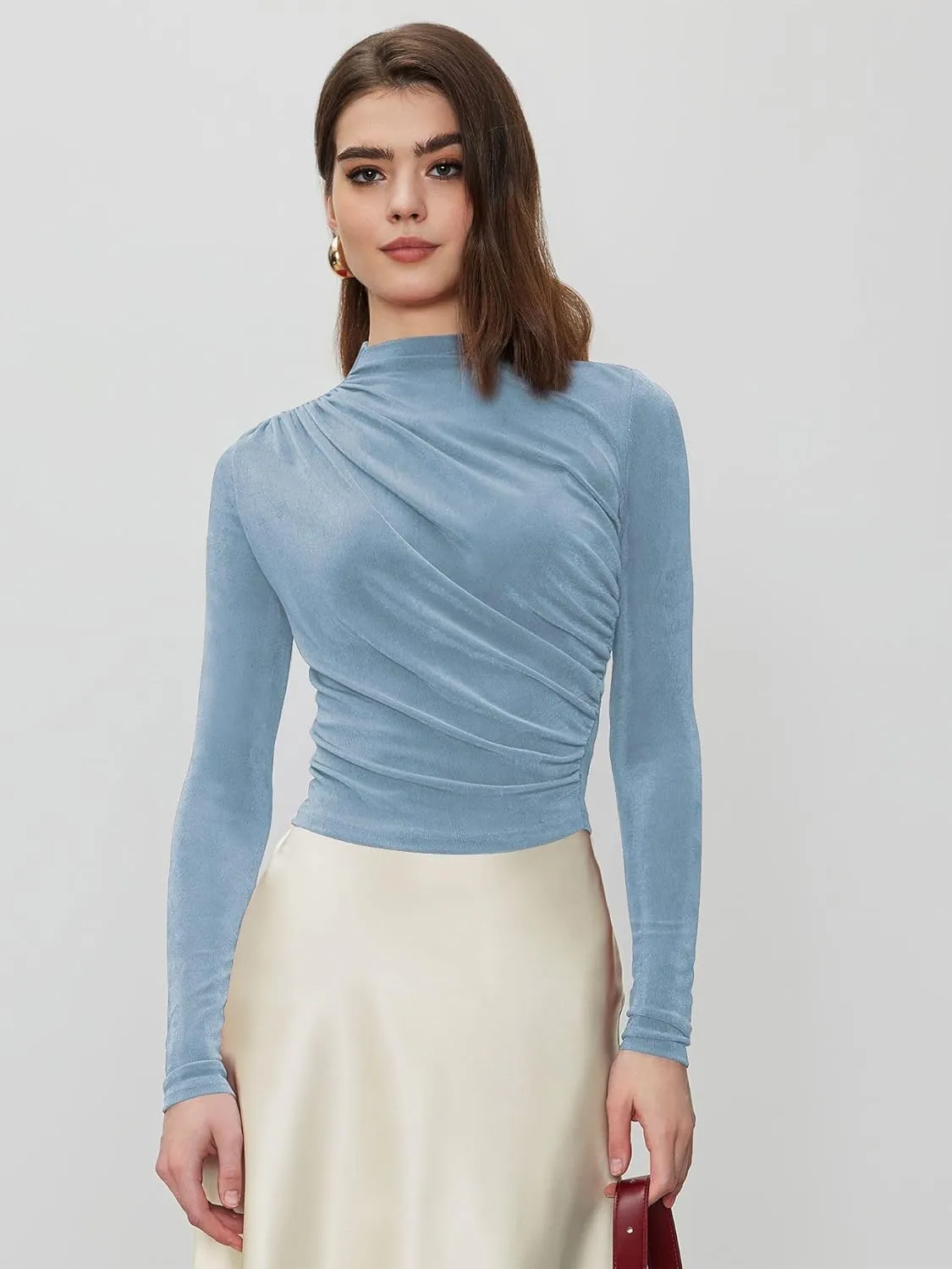 ZAFUL Womens 2024 Fall Long Sleeve Ruched Tops Mock Neck Trendy Blouses Casual Tight Shirts