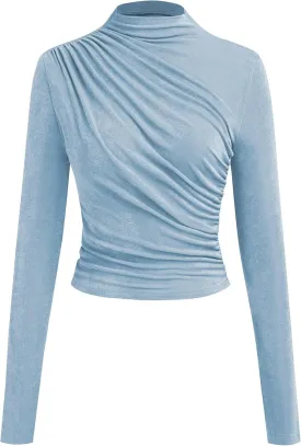 ZAFUL Womens 2024 Fall Long Sleeve Ruched Tops Mock Neck Trendy Blouses Casual Tight Shirts