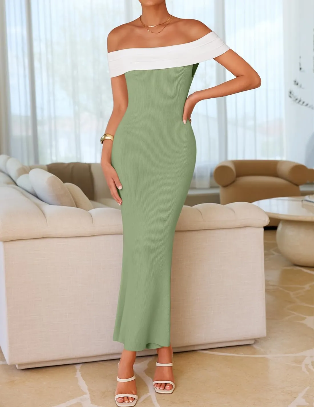 ZESICA Women's 2025 Summer Off The Shoulder Ribbed Knit Sweater Dresses Sleeveless Color Block Party Bodycon Maxi Dress