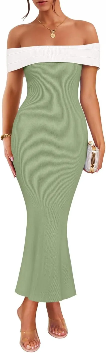 ZESICA Women's 2025 Summer Off The Shoulder Ribbed Knit Sweater Dresses Sleeveless Color Block Party Bodycon Maxi Dress